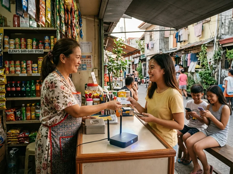 Sari-sari store owner selling WiFi vouchers